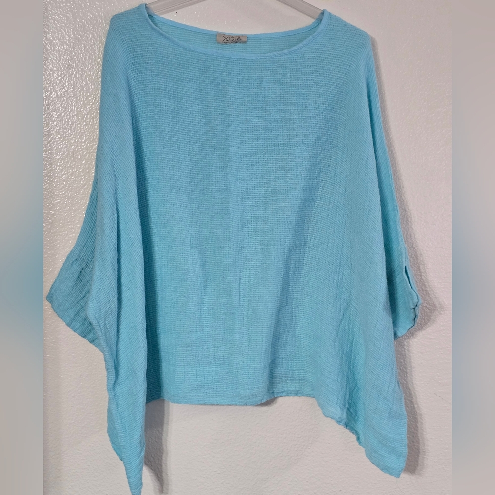 Sofia Made In Italy Linen Top L Oversized Boxy Textured Lagenlook Aqua Blue - Picture 2 of 6